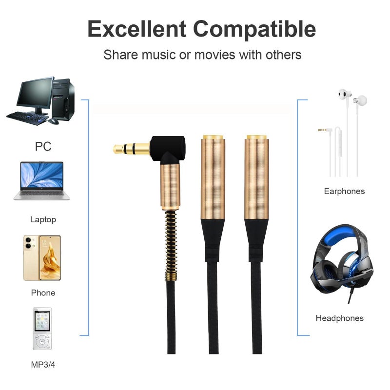 Haokiang Audio Splitter Cable,Haokiang Gold Plated 90 Degree Right Angle 3.5mm Male to 2 Female Jack Headphone Audio Stereo Y Splitter Adapter Cable for Tablets, MP3 Players (Gold) - Image 2